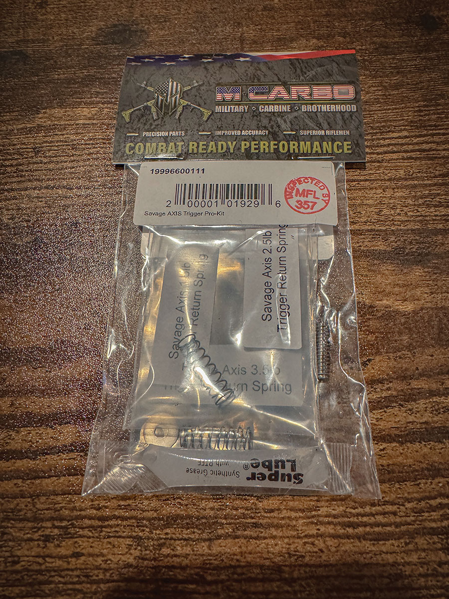 M*Carbo spring kit to change trigger weight. It comes with three different springs to pick from. By installing one of these in the Savage Axis, it also takes up trigger creep, so the trigger breaks nice and clean.